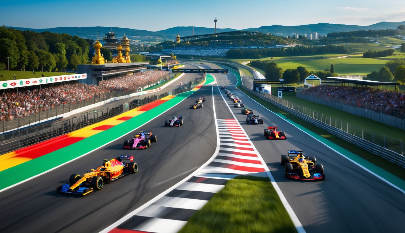 Pemandangan sirkuit balap Formula 1 dengan mobil balap melaju di lintasan dan penonton di tribun.