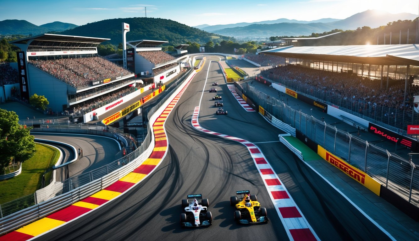 Pemandangan udara sirkuit balap Formula 1 dengan tikungan tajam dan mobil balap yang melaju cepat di lintasan yang menantang.