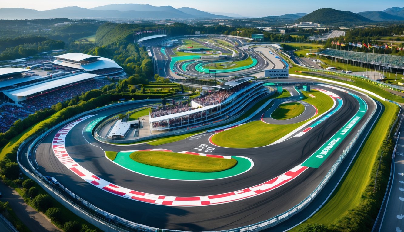Pemandangan beberapa sirkuit Formula 1 dari udara dengan mobil balap sedang melaju di lintasan dan penonton di tribun.