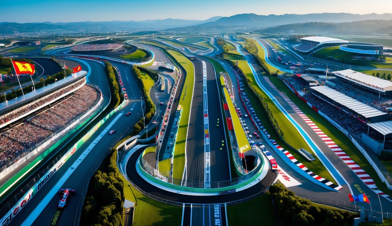 Kolase pemandangan beberapa sirkuit Formula 1 terkenal di berbagai lokasi dengan penonton dan mobil balap yang sedang bersiap.