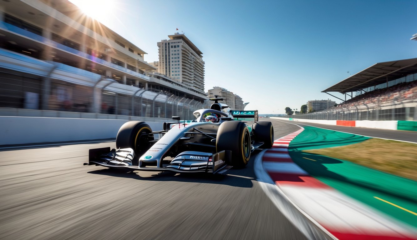 Mobil Formula 1 melaju kencang di lintasan balap dengan latar belakang gabungan sirkuit Monaco dan Silverstone.
