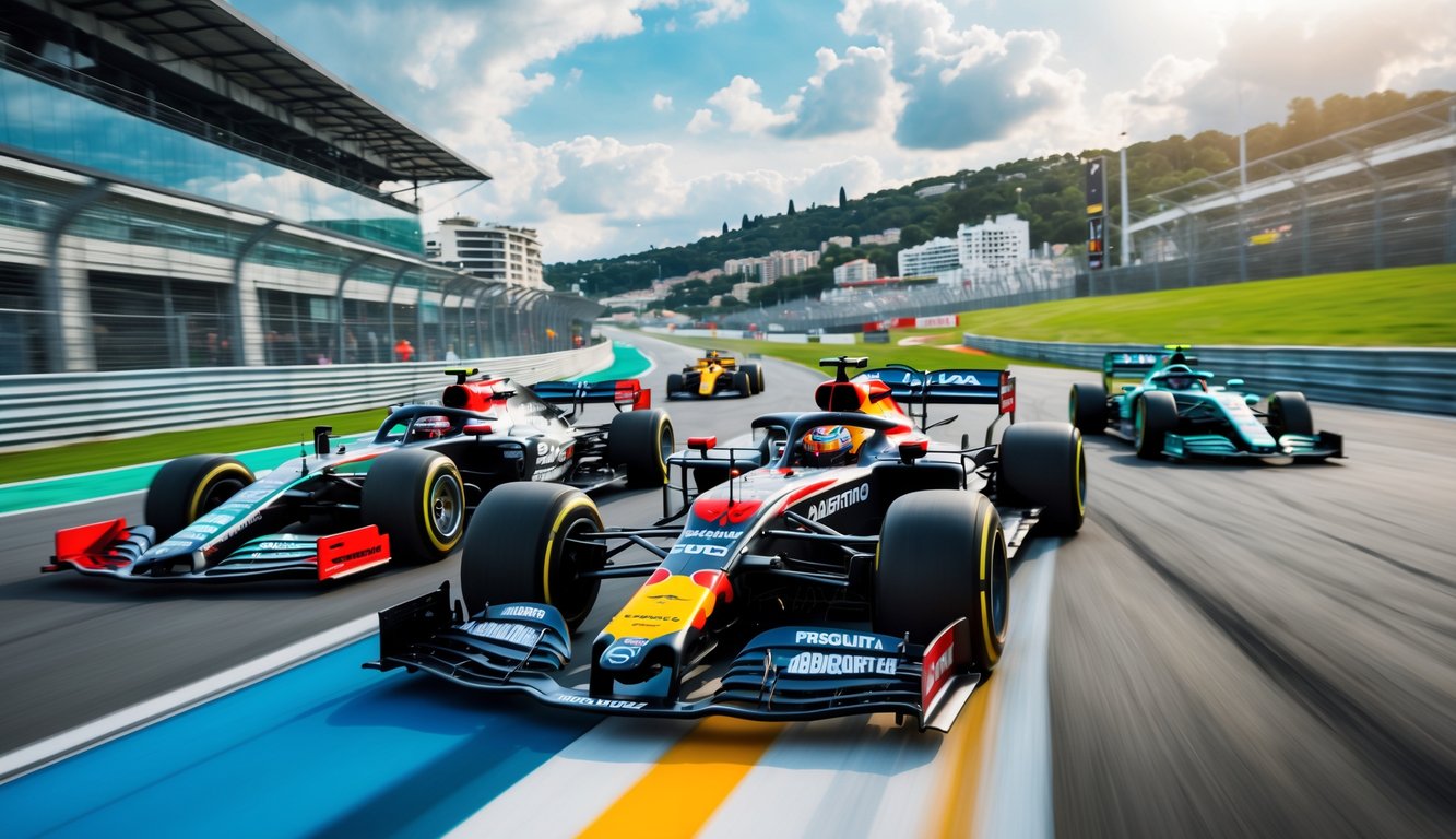 Beberapa mobil balap F1 melaju cepat di lintasan sirkuit Monaco dan Silverstone dengan latar belakang landmark dan pepohonan.