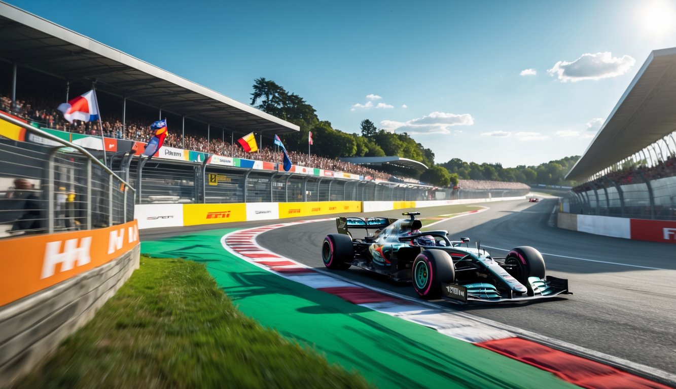 Mobil Formula 1 melaju cepat di tikungan sirkuit dengan penonton ramai di grandstand dan fasilitas pit di latar belakang.
