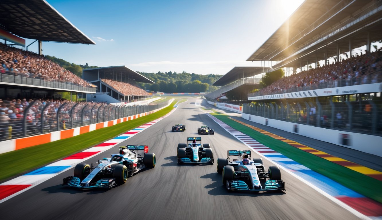 Pemandangan sirkuit Formula 1 dengan mobil balap melaju cepat dan penonton di tribun.