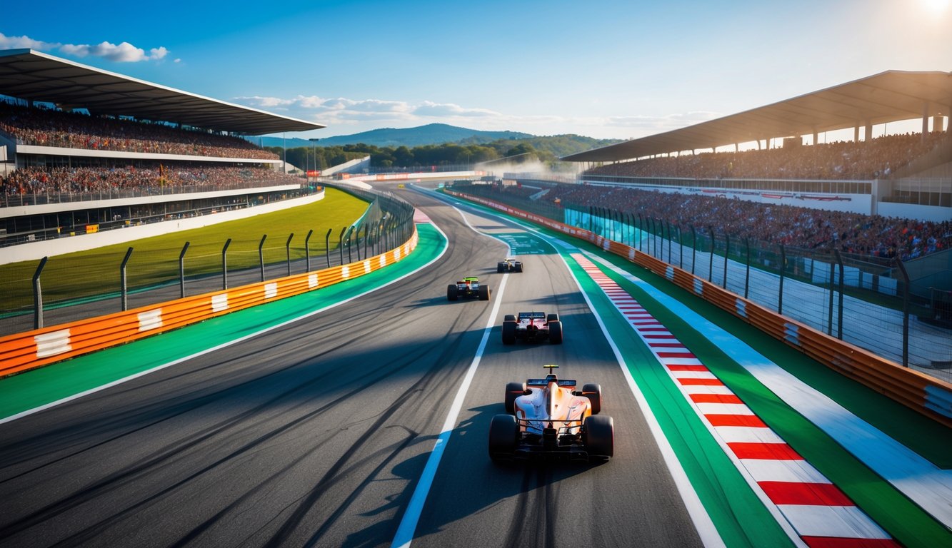 Pemandangan sirkuit Formula 1 modern dengan mobil balap yang melaju di lintasan dan penonton di tribun.