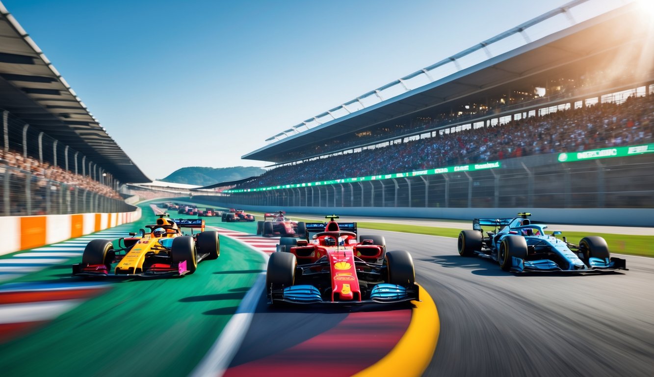 Pemandangan sirkuit Formula 1 dengan mobil balap yang melaju cepat dan penonton di tribun.