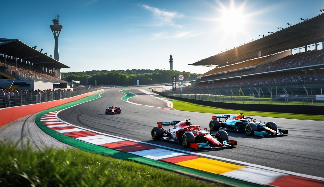Pemandangan sirkuit balap Formula 1 dengan mobil-mobil balap melaju di tikungan, tribun penonton, dan latar belakang pemandangan hijau serta langit cerah.