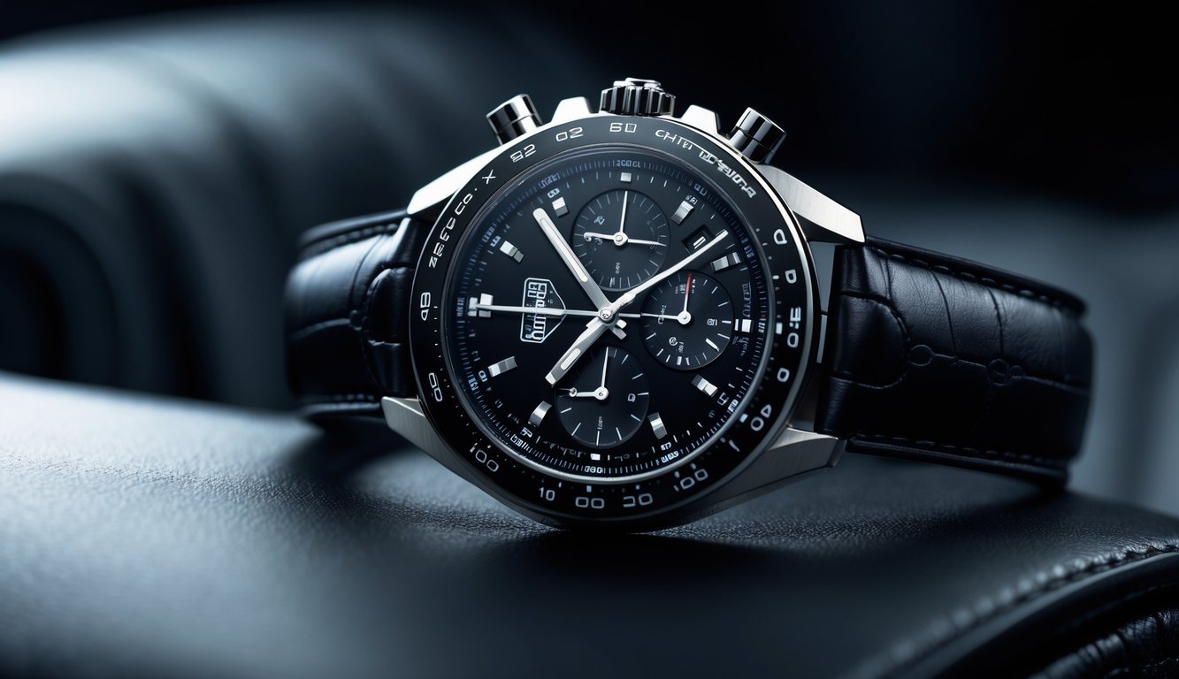Jam tangan Tag Heuer terbaru dengan desain elegan diletakkan di atas permukaan kulit hitam.