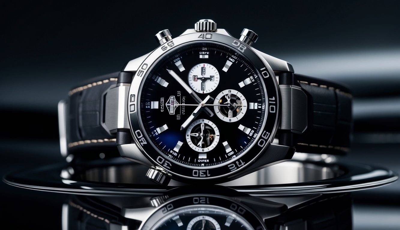 Foto jam tangan Tag Heuer terbaru dengan mesin otomatis Swiss yang terlihat jelas di atas permukaan hitam reflektif.