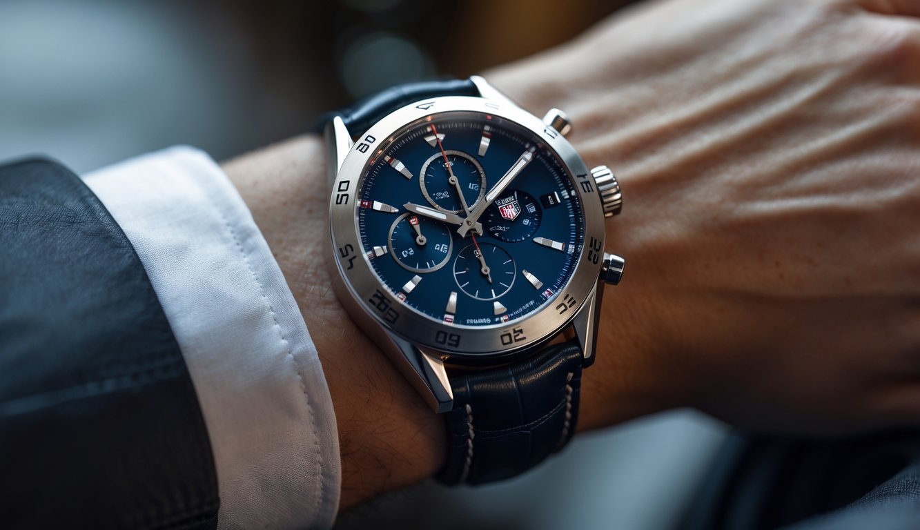 Foto close-up jam tangan Tag Heuer terbaru di pergelangan tangan seseorang yang mengenakan jas rapi.