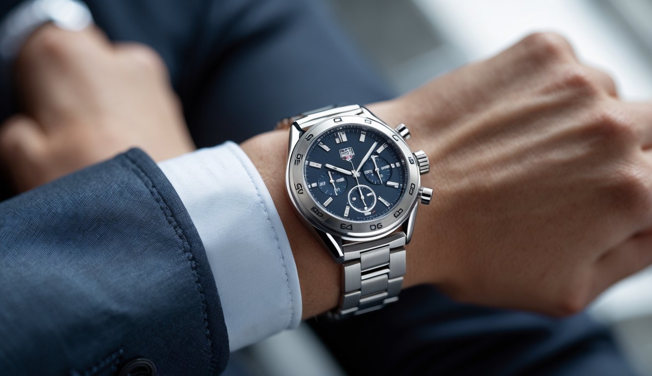 Close-up jam tangan Tag Heuer terbaru yang dikenakan oleh seseorang dengan latar belakang blur.