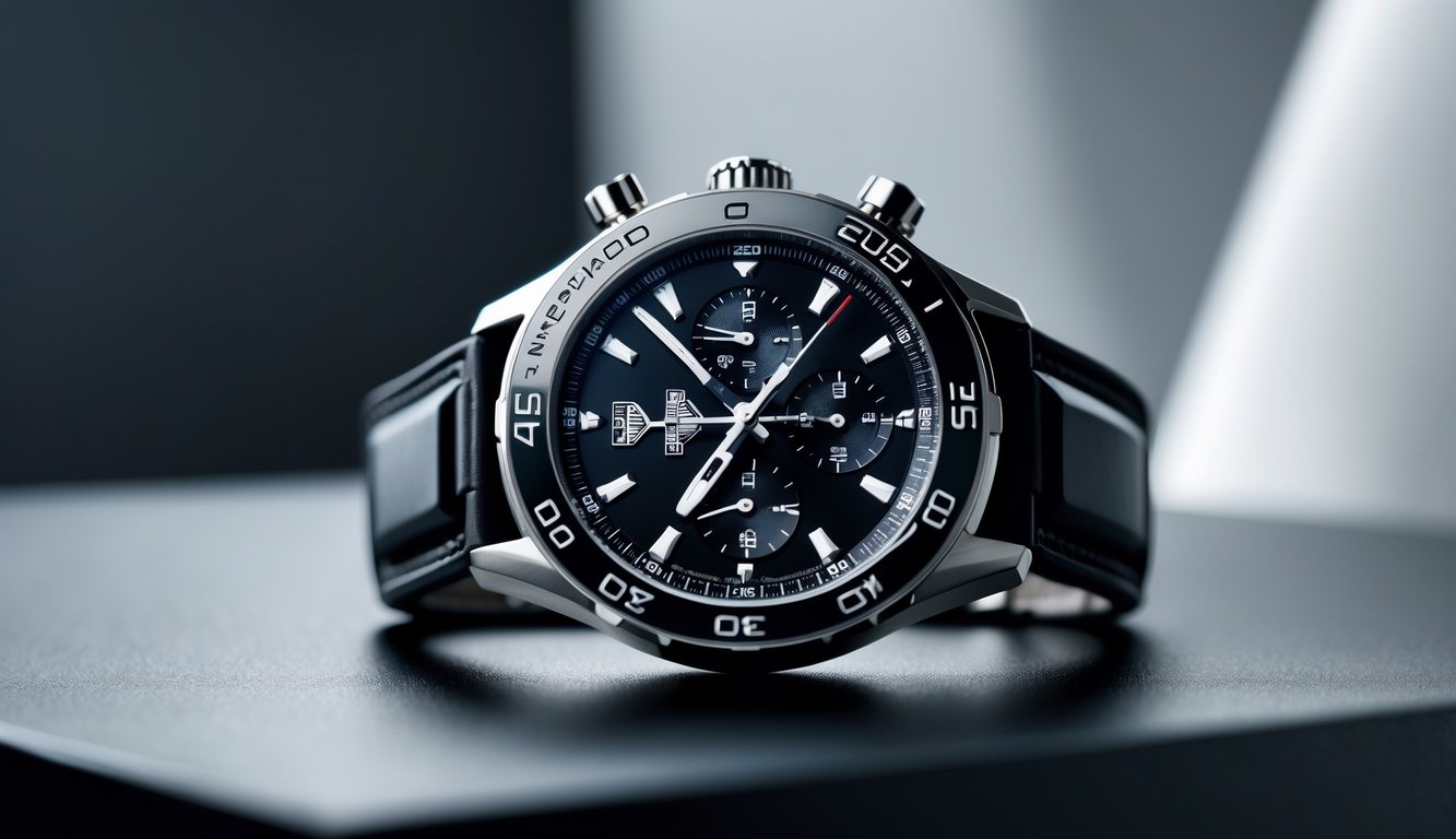Foto close-up jam tangan Tag Heuer mewah terbaru dengan desain modern dan detail yang jelas, diletakkan di atas permukaan gelap yang memantulkan cahaya.