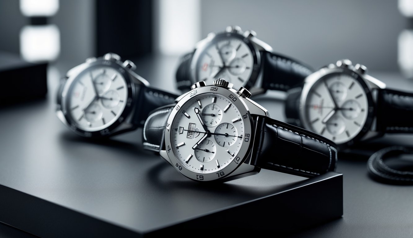 Beberapa jam tangan mewah Tag Heuer terbaru dipajang rapi di atas permukaan hitam dengan latar belakang buram.