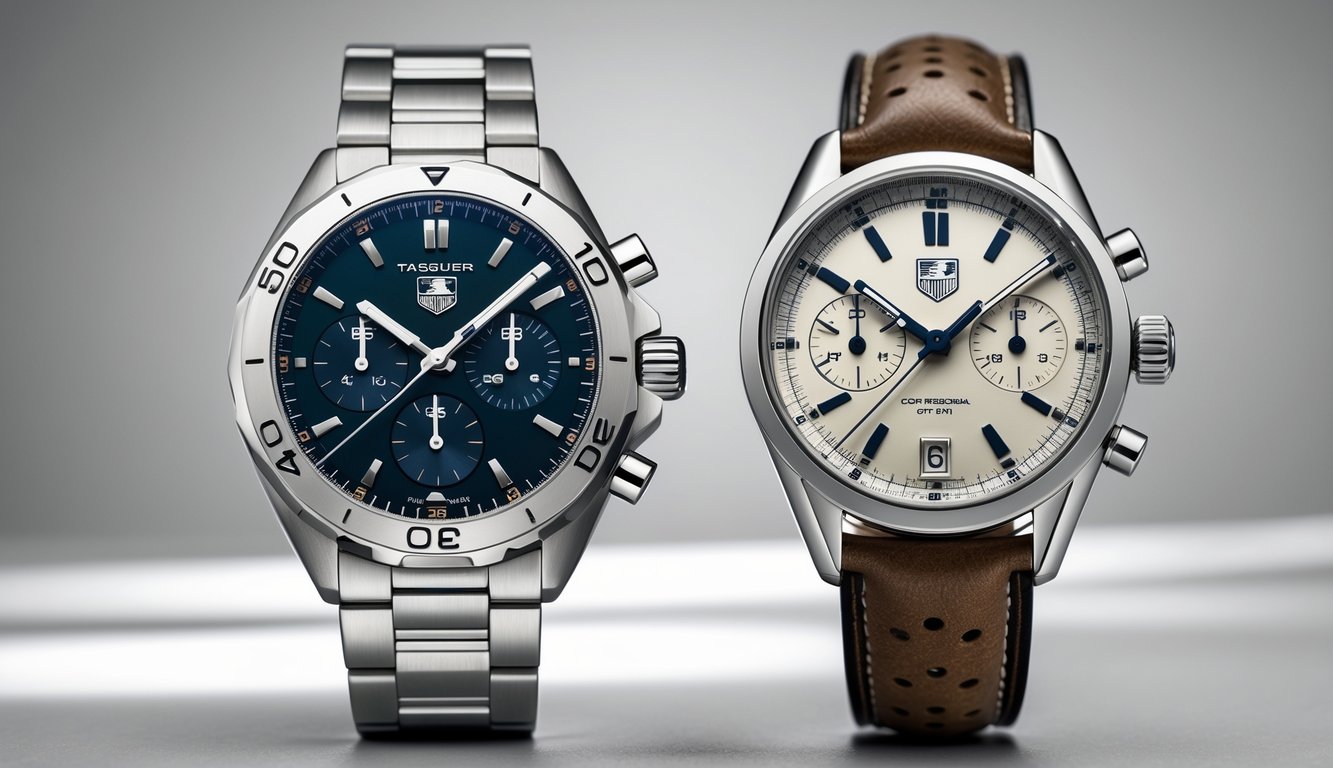 Dua jam tangan mewah Tag Heuer berdampingan, satu model terbaru dan satu model lama, ditampilkan dengan jelas untuk membandingkan desain dan bahan.