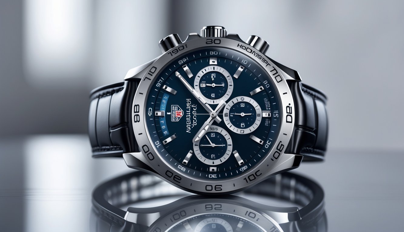 Jam tangan Tag Heuer terbaru dengan desain modern yang menampilkan fitur smartwatch dan chronograph, diletakkan di permukaan reflektif dengan pencahayaan lembut.