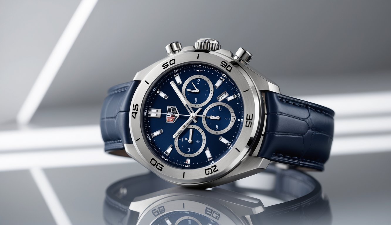 Jam tangan mewah modern dengan tampilan chronograph dan layar smartwatch, diletakkan di permukaan reflektif dengan pencahayaan alami.