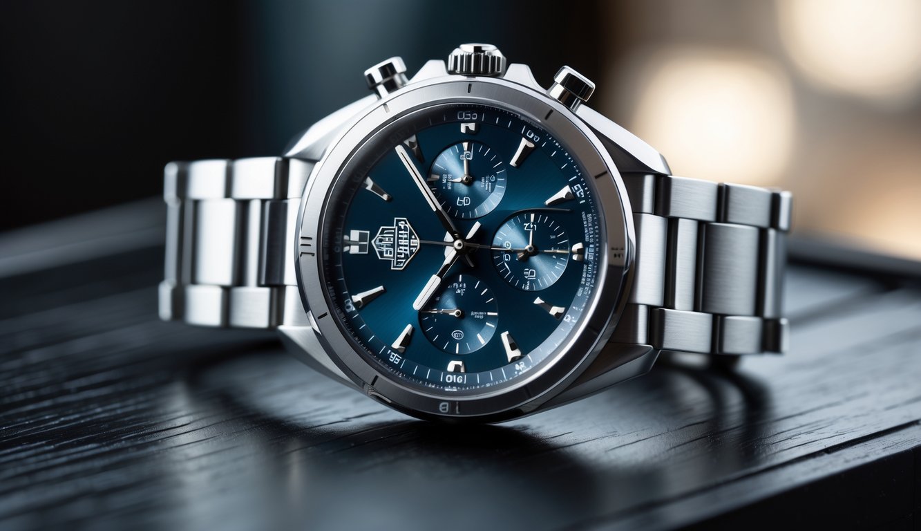 Jam tangan Tag Heuer mewah terbaru diletakkan di atas permukaan kayu gelap dengan pencahayaan lembut yang menyoroti detail dan kualitasnya.