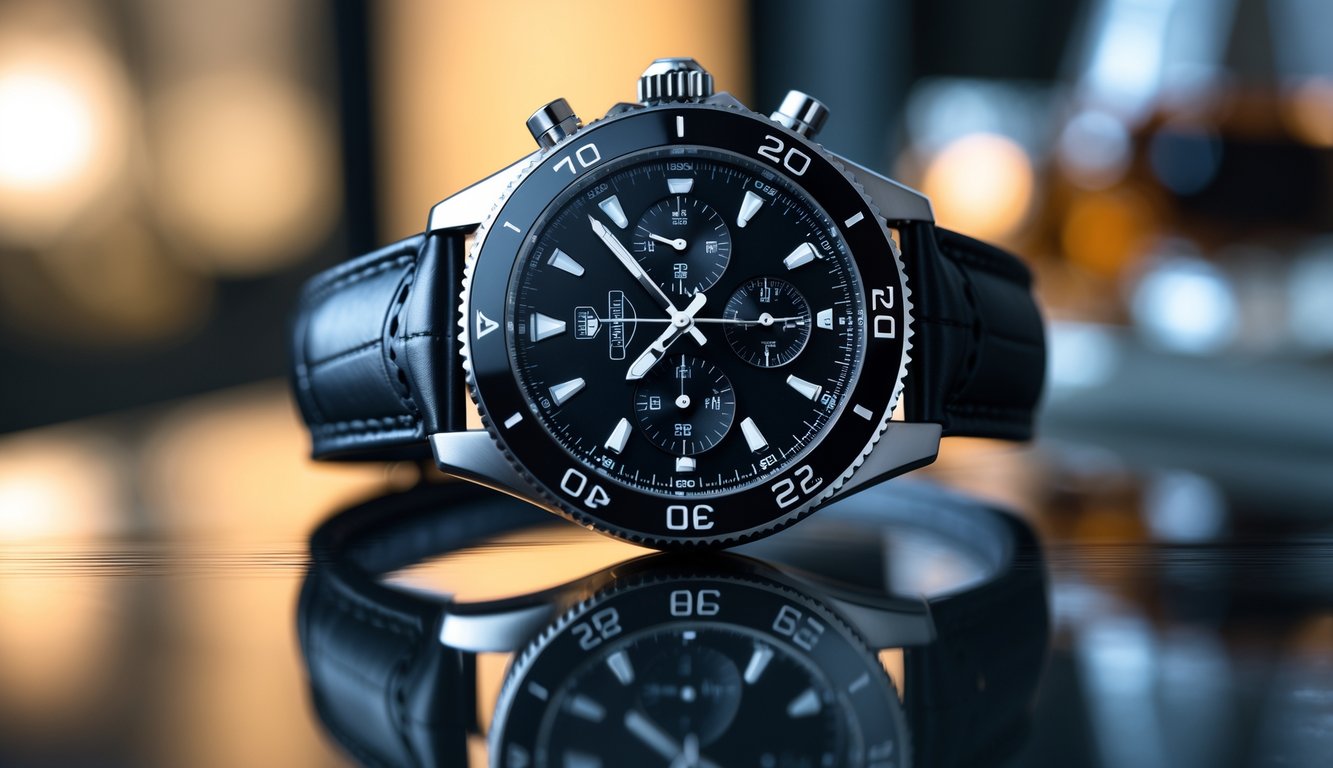 Foto close-up jam tangan Tag Heuer mewah terbaru dengan latar belakang blur dan pencahayaan alami.