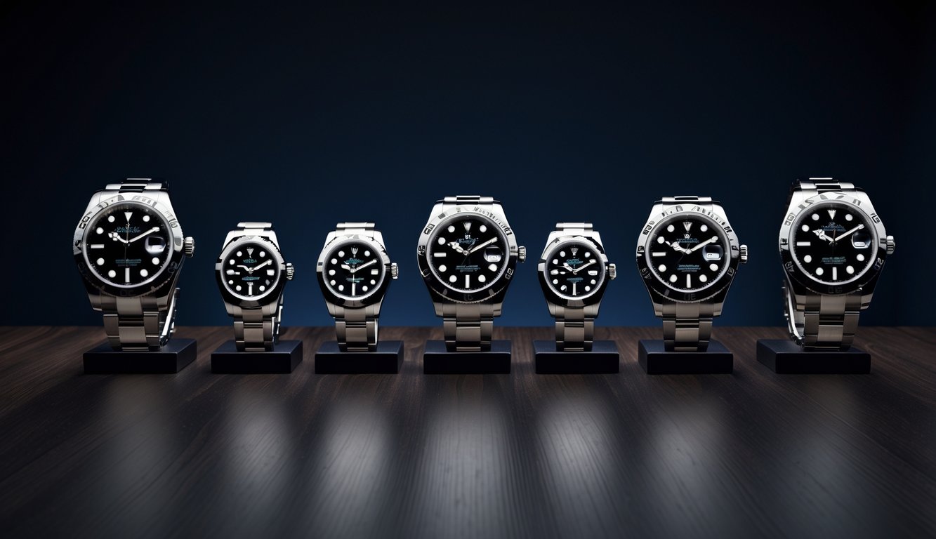 Beberapa jam tangan mewah Rolex terbaru tahun 2026 ditampilkan rapi di atas permukaan kayu gelap dengan pencahayaan lembut.