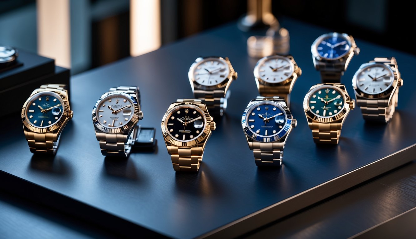 Koleksi jam tangan Rolex terbaru 2026 yang dipajang dengan rapi di atas permukaan kayu gelap.