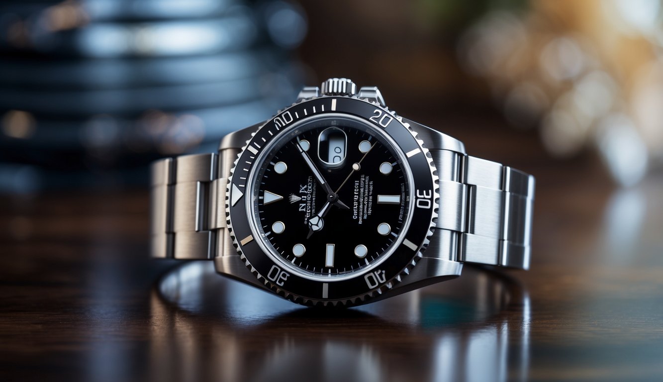 Jam tangan Rolex terbaru dengan tali stainless steel dan dial hitam diletakkan di atas permukaan kayu gelap.