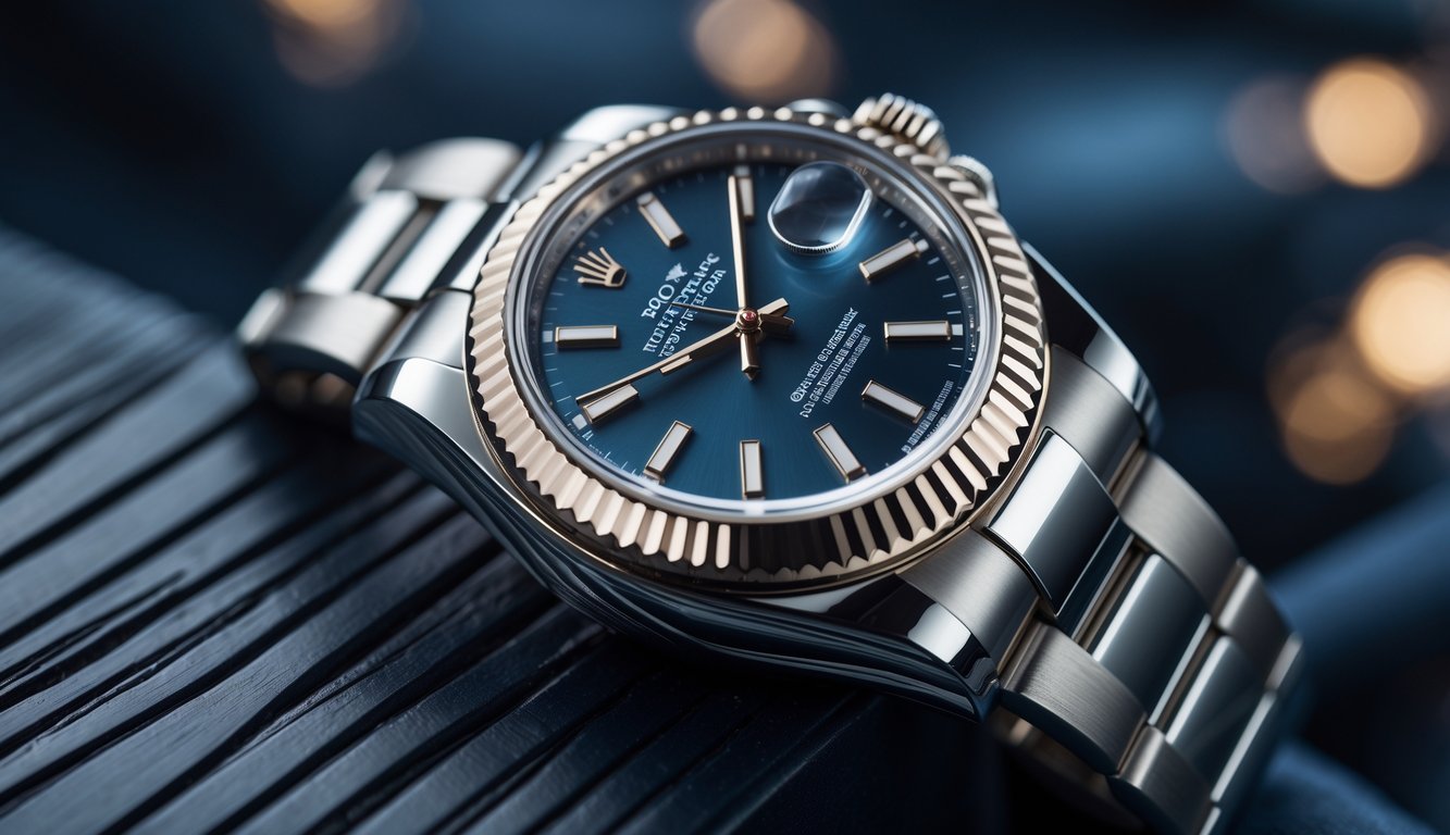 Foto close-up jam tangan Rolex terbaru dengan latar belakang kayu gelap dan pencahayaan lembut.