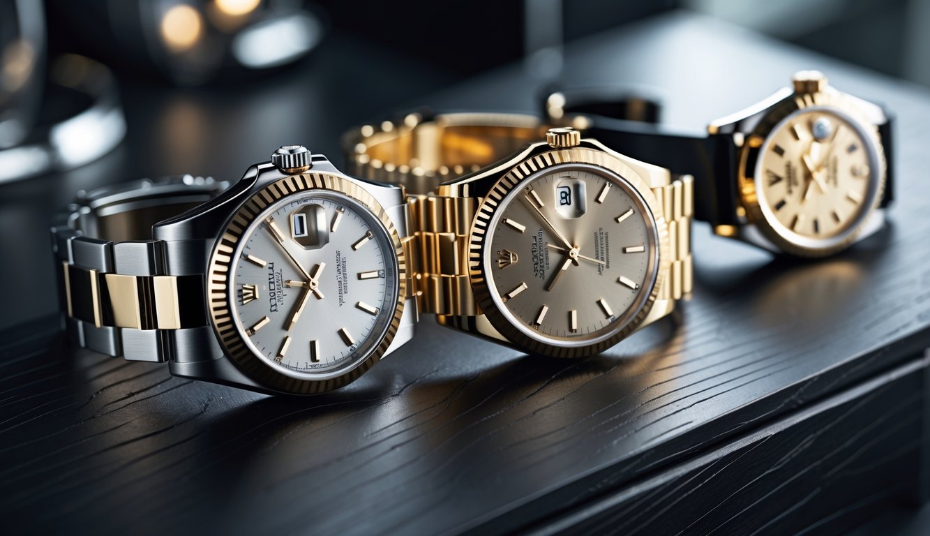 Beberapa jam tangan Rolex pria dan wanita ditampilkan rapi di atas permukaan kayu gelap dengan pencahayaan lembut.