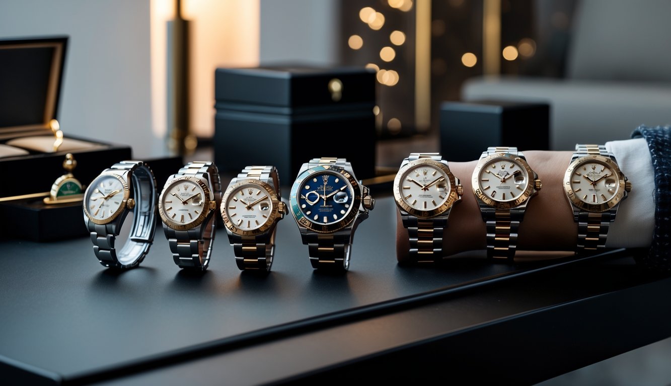 Beberapa jam tangan Rolex terbaru untuk pria dan wanita ditampilkan di atas meja kayu dengan pencahayaan hangat, menonjolkan detail mewah dan desainnya.