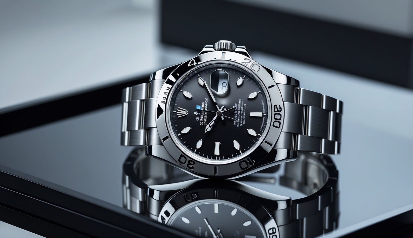 Foto jam tangan Rolex terbaru dengan desain mewah dan detail yang jelas, diletakkan di permukaan hitam yang mengkilap.