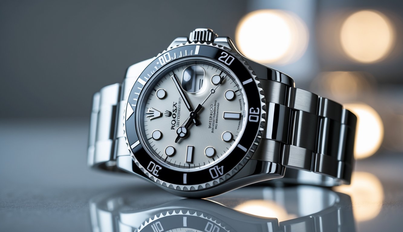 Foto close-up jam tangan Rolex terbaru dengan desain modern dan tali logam, diletakkan di permukaan reflektif dengan latar belakang buram.