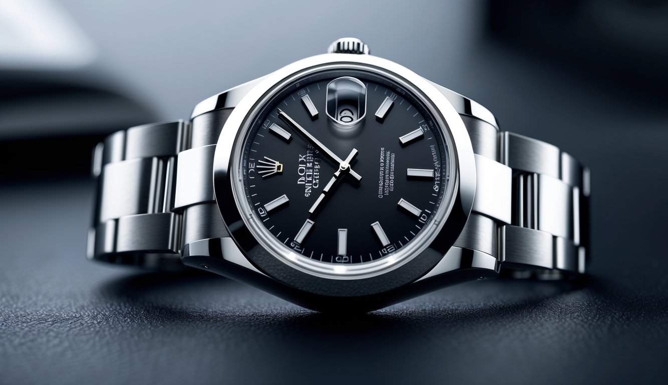 Foto close-up jam tangan Rolex terbaru dengan desain mewah dan detail halus, diletakkan di permukaan gelap yang teksturnya terlihat, tanpa teks.