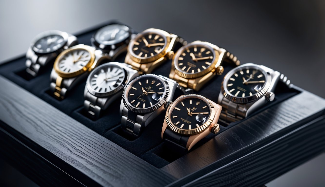 Beberapa jam tangan Rolex terbaru dengan desain elegan tertata rapi di atas permukaan kayu gelap.