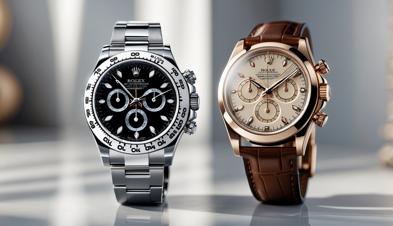 Dua jam tangan Rolex, satu model terbaru dan satu model lama, diletakkan berdampingan untuk perbandingan.