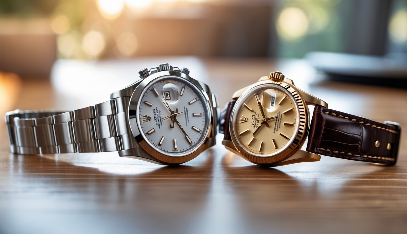 Dua jam tangan mewah Rolex, satu model terbaru dan satu model lama, diletakkan berdampingan di atas meja kayu.
