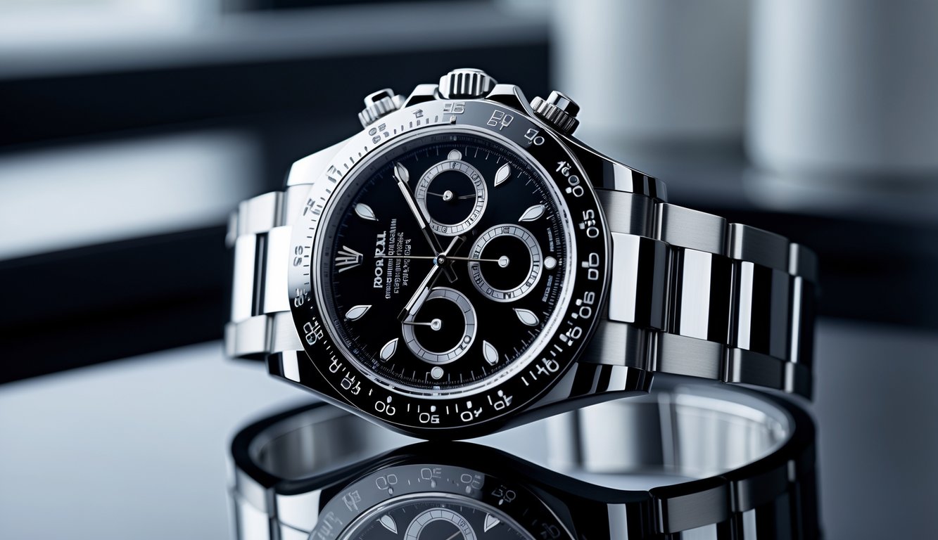 Gambar jam tangan Rolex mewah dengan desain modern dan teknologi canggih, diletakkan di atas permukaan hitam yang reflektif.