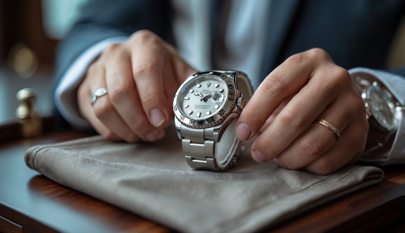 Tangan seseorang sedang memeriksa jam tangan Rolex terbaru di atas meja kayu dengan latar belakang toko jam mewah.