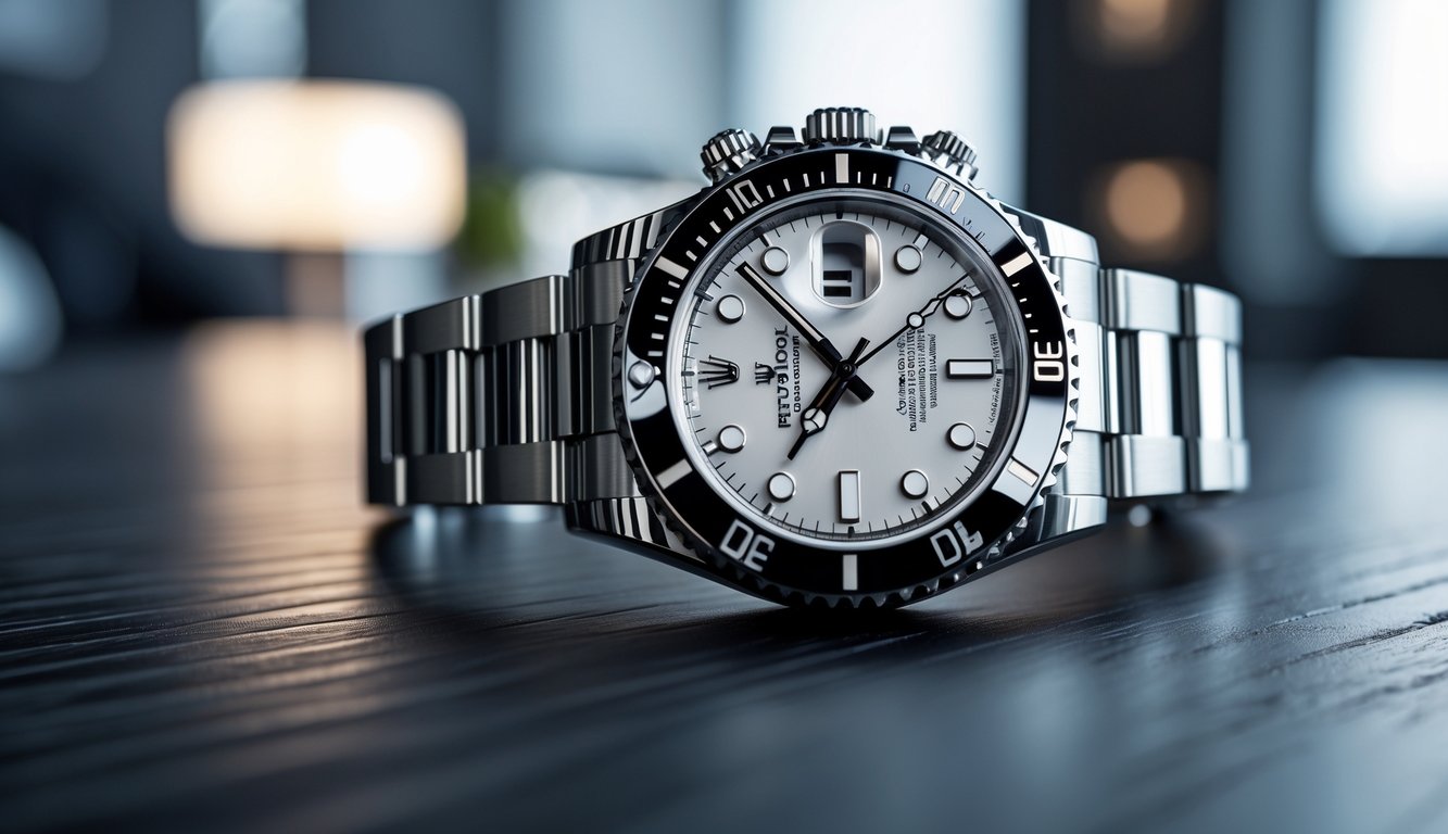 Foto close-up sebuah jam tangan Rolex terbaru yang mewah diletakkan di atas permukaan kayu gelap dengan latar belakang ruangan modern yang samar.