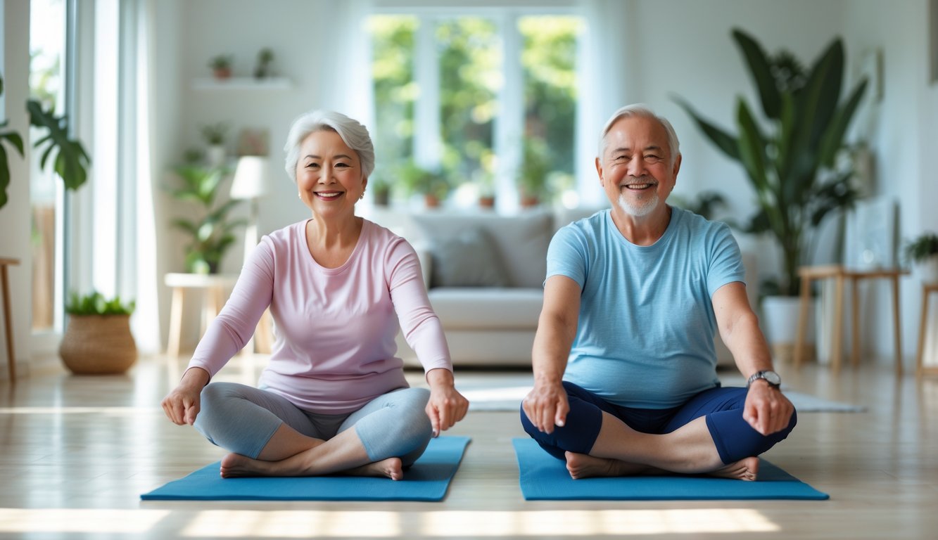 Dua lansia sedang melakukan senam ringan di ruang tamu yang terang dan nyaman di rumah.