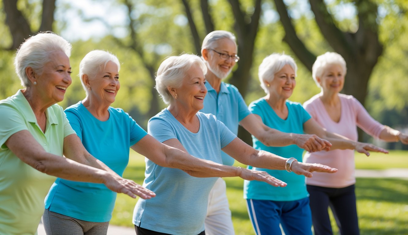Sekelompok lansia sedang melakukan senam ringan di taman dengan instruktur, suasana cerah dan menyenangkan.