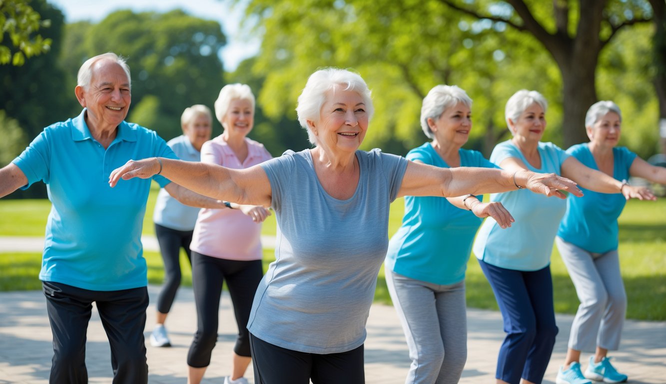 Sekelompok lansia sedang melakukan senam kesehatan dengan gerakan mudah di taman yang cerah dan hijau.