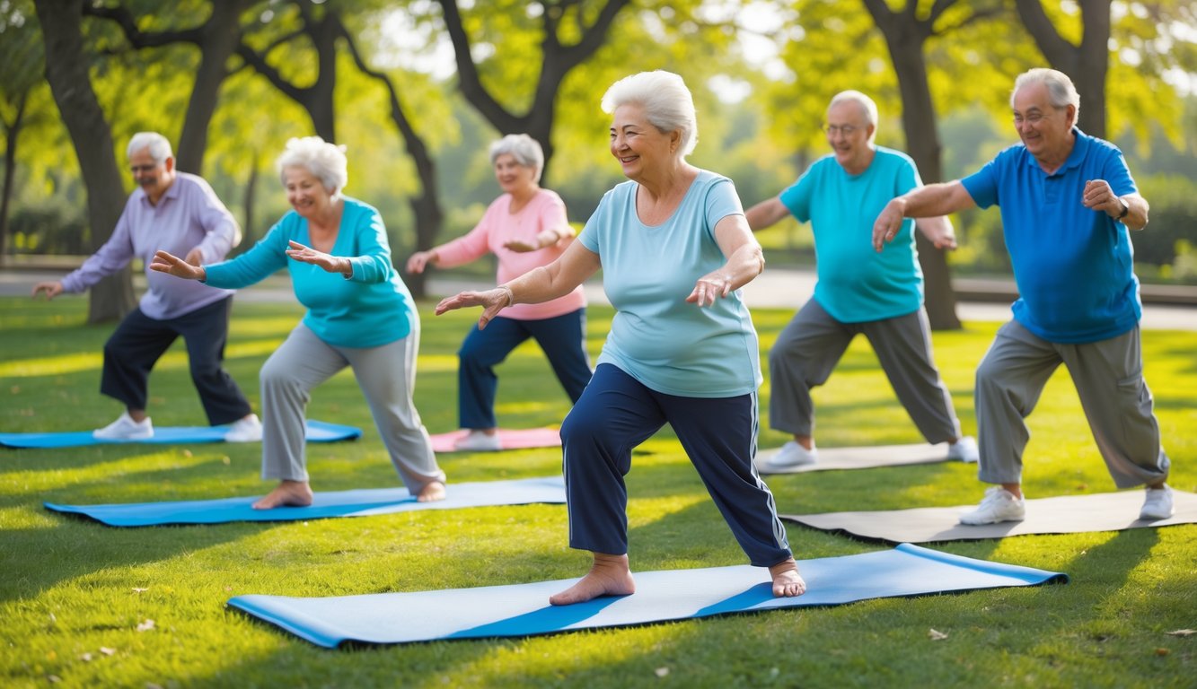 Beberapa lansia sedang melakukan senam kesehatan di taman dengan latar belakang pohon hijau dan sinar matahari, tampak ceria dan aktif.