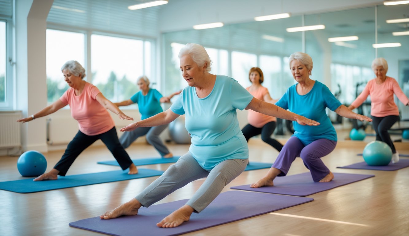 Sejumlah lansia melakukan senam kesehatan di dalam ruangan dengan pencahayaan alami, mengenakan pakaian olahraga yang nyaman.