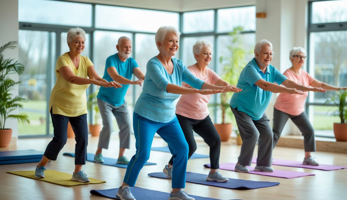 Sekelompok lansia berusia 60 tahun ke atas sedang melakukan senam kesehatan ringan di dalam ruangan yang terang dan luas.