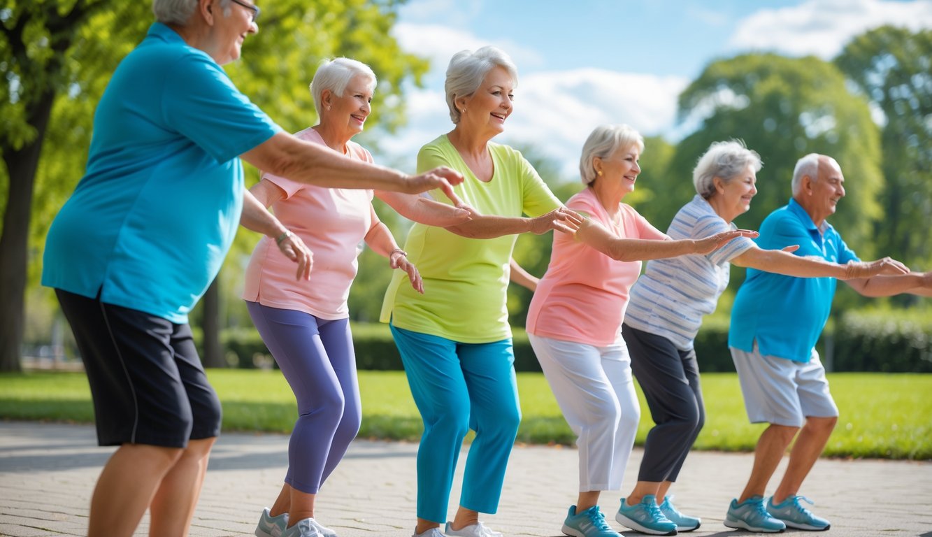 Sekelompok lansia berusia 60 tahun ke atas melakukan senam kesehatan ringan di taman yang cerah dan hijau.