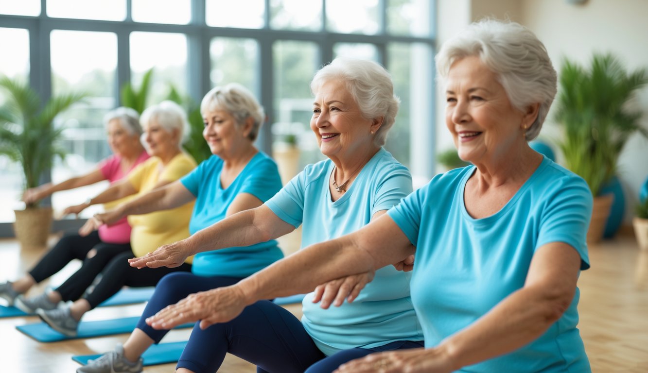 Sekelompok lansia sedang melakukan senam kesehatan di ruang komunitas dengan pencahayaan alami.