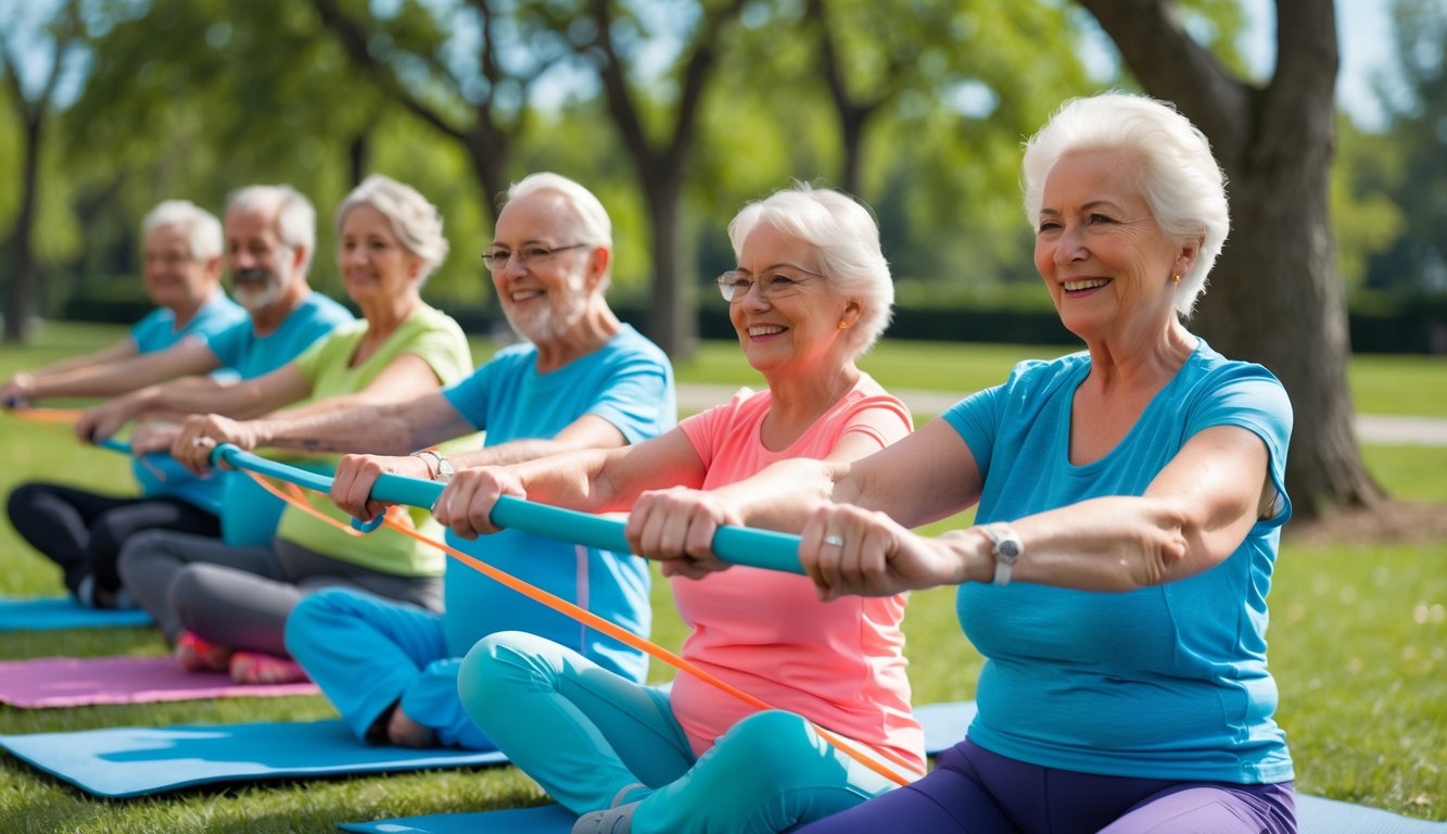 Sejumlah lansia sedang melakukan senam kesehatan di taman dengan latar belakang pepohonan hijau dan langit cerah.