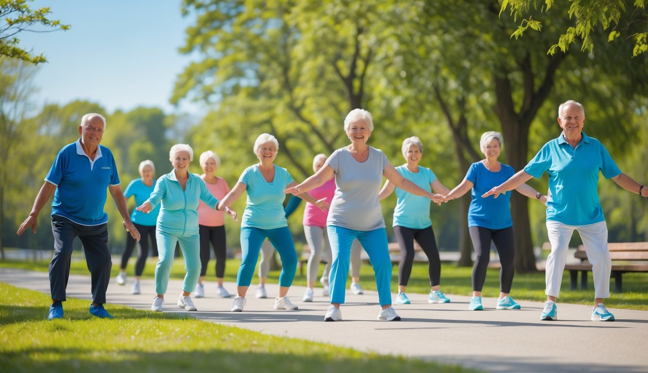 Sejumlah lansia sedang melakukan senam ringan di taman dengan instruktur, terlihat ceria dan fokus pada gerakan.