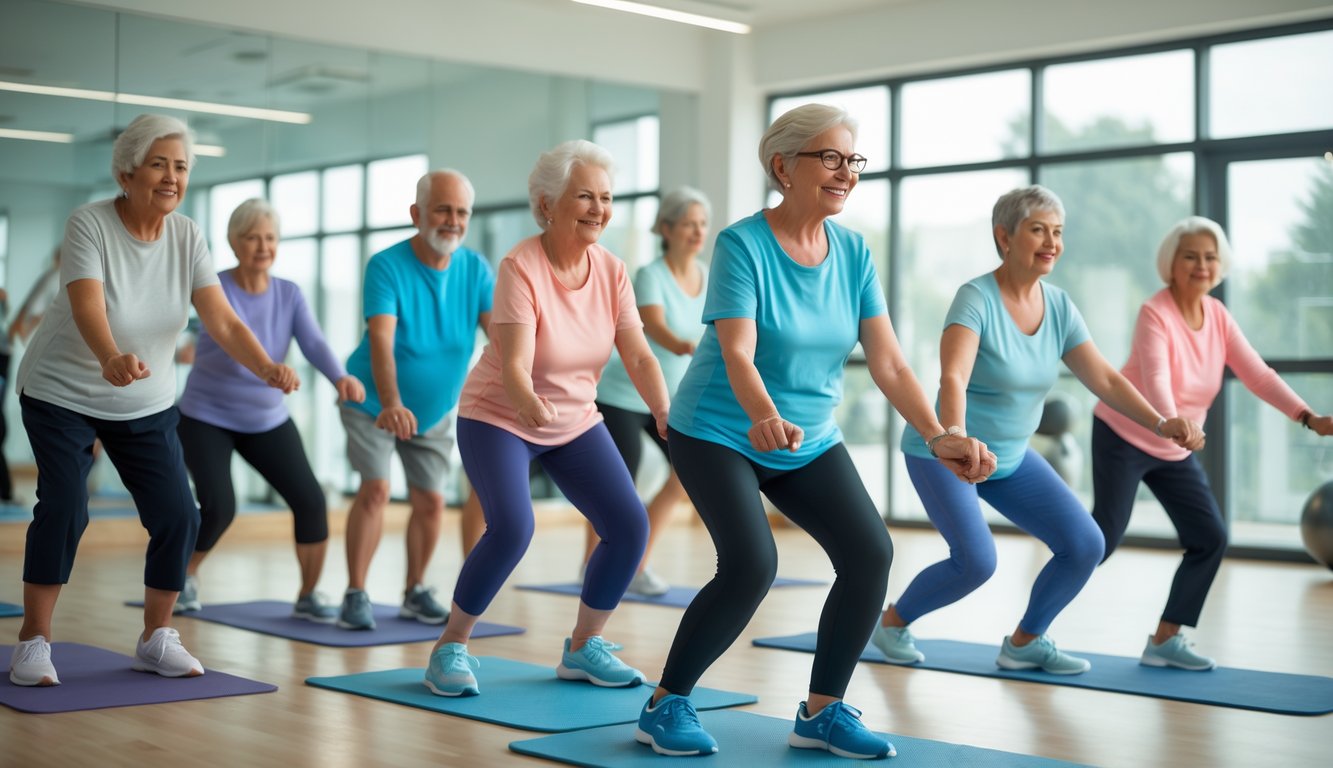 Sekelompok lansia melakukan senam kesehatan di ruang latihan yang terang dengan seorang instruktur membimbing mereka.