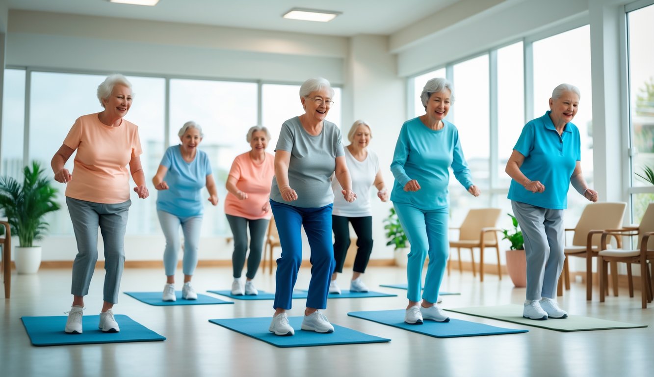 Sekelompok lansia sedang melakukan senam kesehatan ringan di dalam ruangan yang terang dan nyaman.