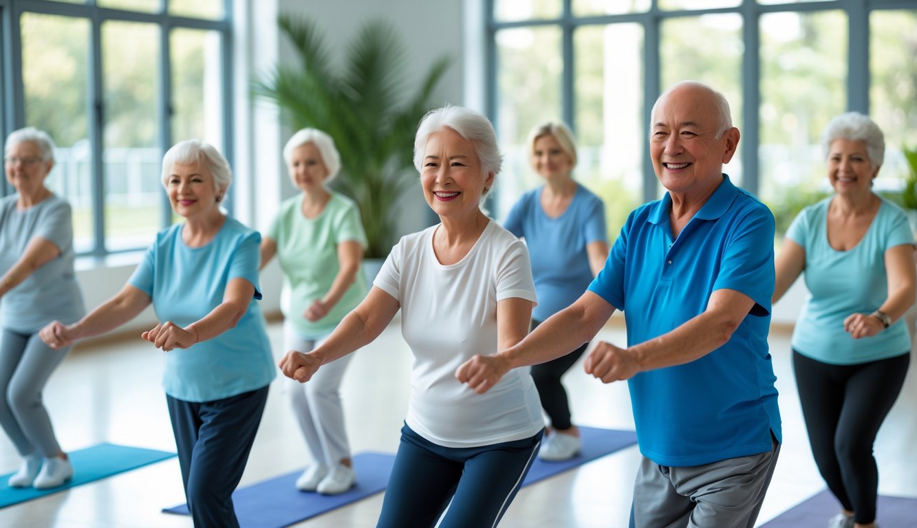 Sekelompok lansia sedang melakukan senam kesehatan ringan di dalam ruangan dengan pencahayaan alami.